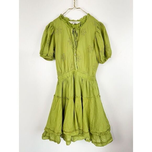 LABEL RITU KUMAR GREEN SOLID TIE UP SHORT DRESS Size Small Puff Sleeve - Picture 6 of 12